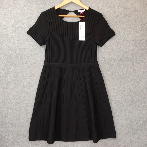 Black Fit Flare Cocktail Dress M Ribbed Knit‎ Keyhole Back PARKER NEW $348 - Picture 1 of 14